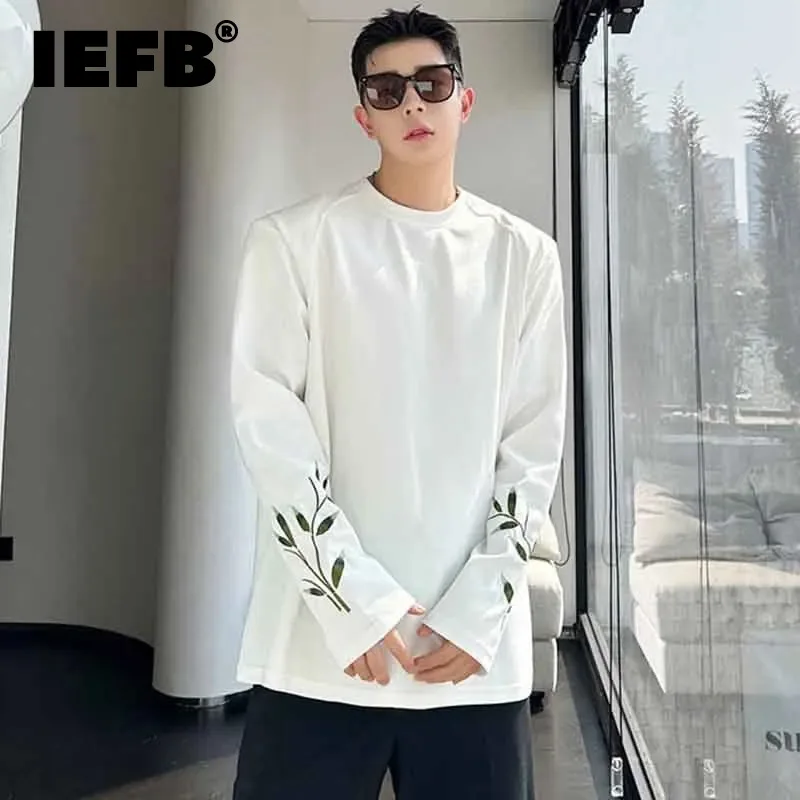 

IEFB New Chinese Style Men's T-shirt Chic Embroidery Contrast Color Round Neck Male Long Sleeve Tops Casual 2024 Autumn 9C4634