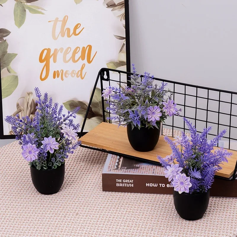 Fake Flower Decoration Ornaments New Bonsai Home Desktop, Living Room Decoration Artificial Purple Lavender Flower Potted Plants