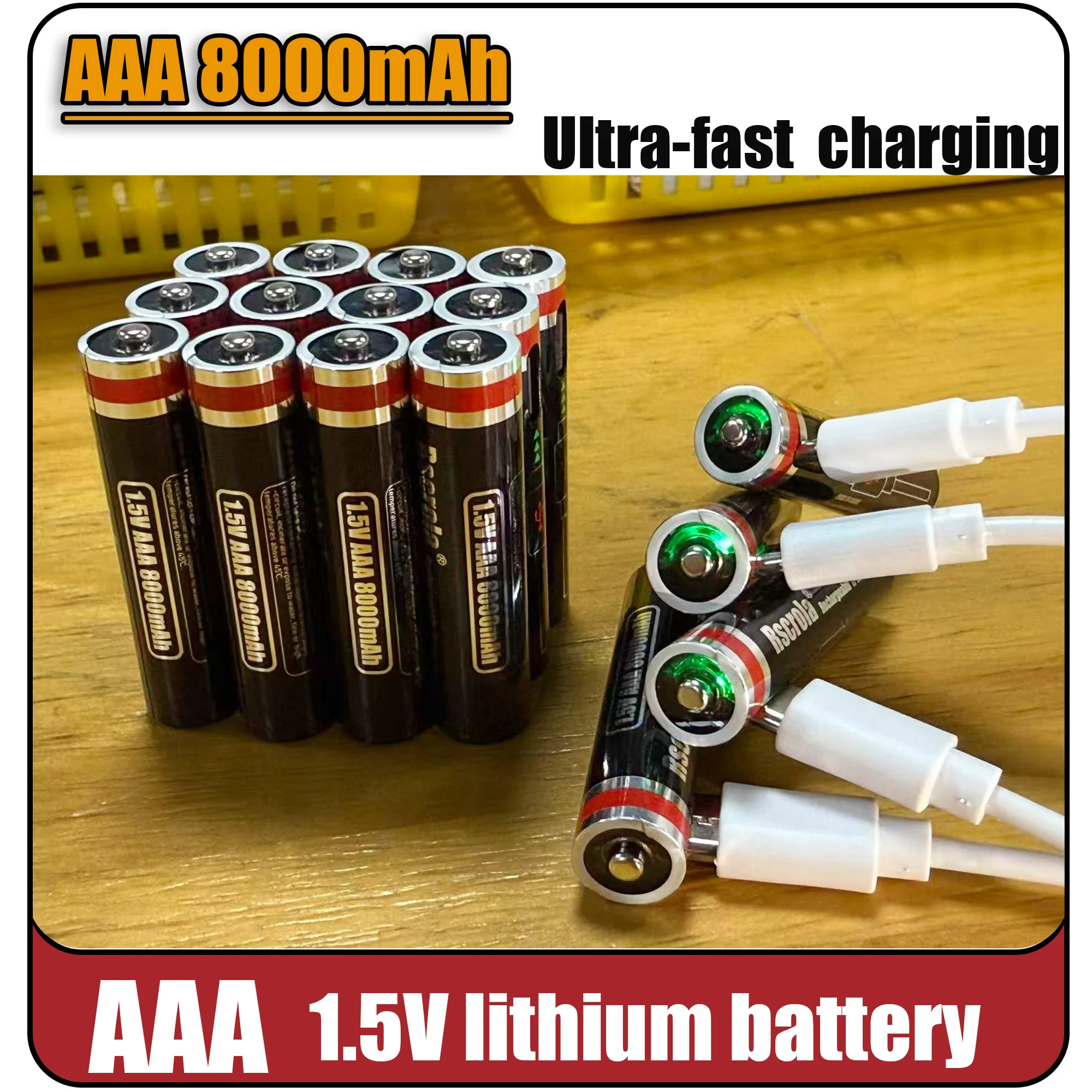 

AAA 1.5V 8000mAh Lithium Batteries USB Rechargeable AAA Battery with 4-in-1 USB Cable for Toys Camera Flashlight