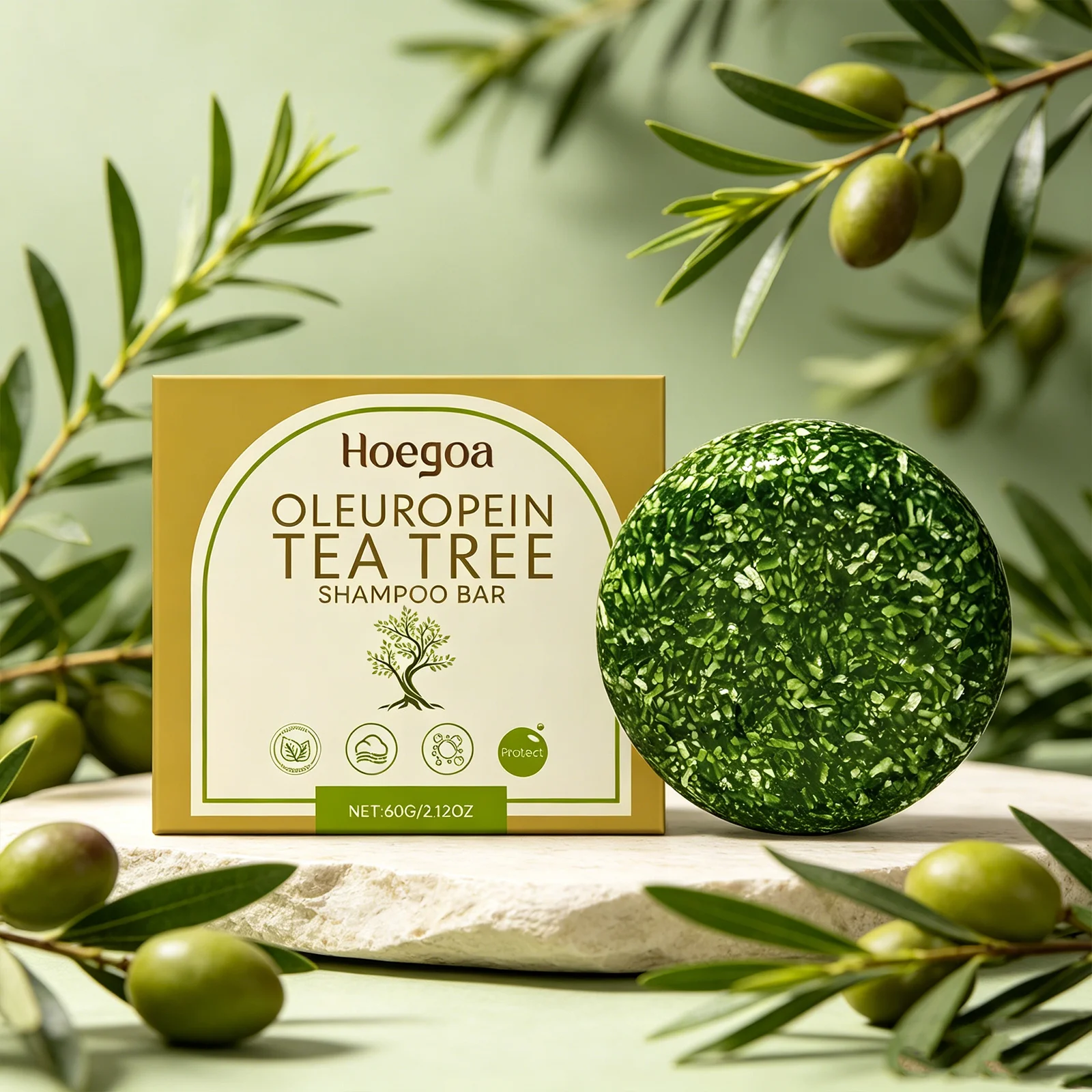 Hoegoa 60g Oleuropein Tea Tree Shampoo Bar Mild Formula Clean Scalp Remove Dandruff Nourish Strengthen Roots Maintain Ph Balance