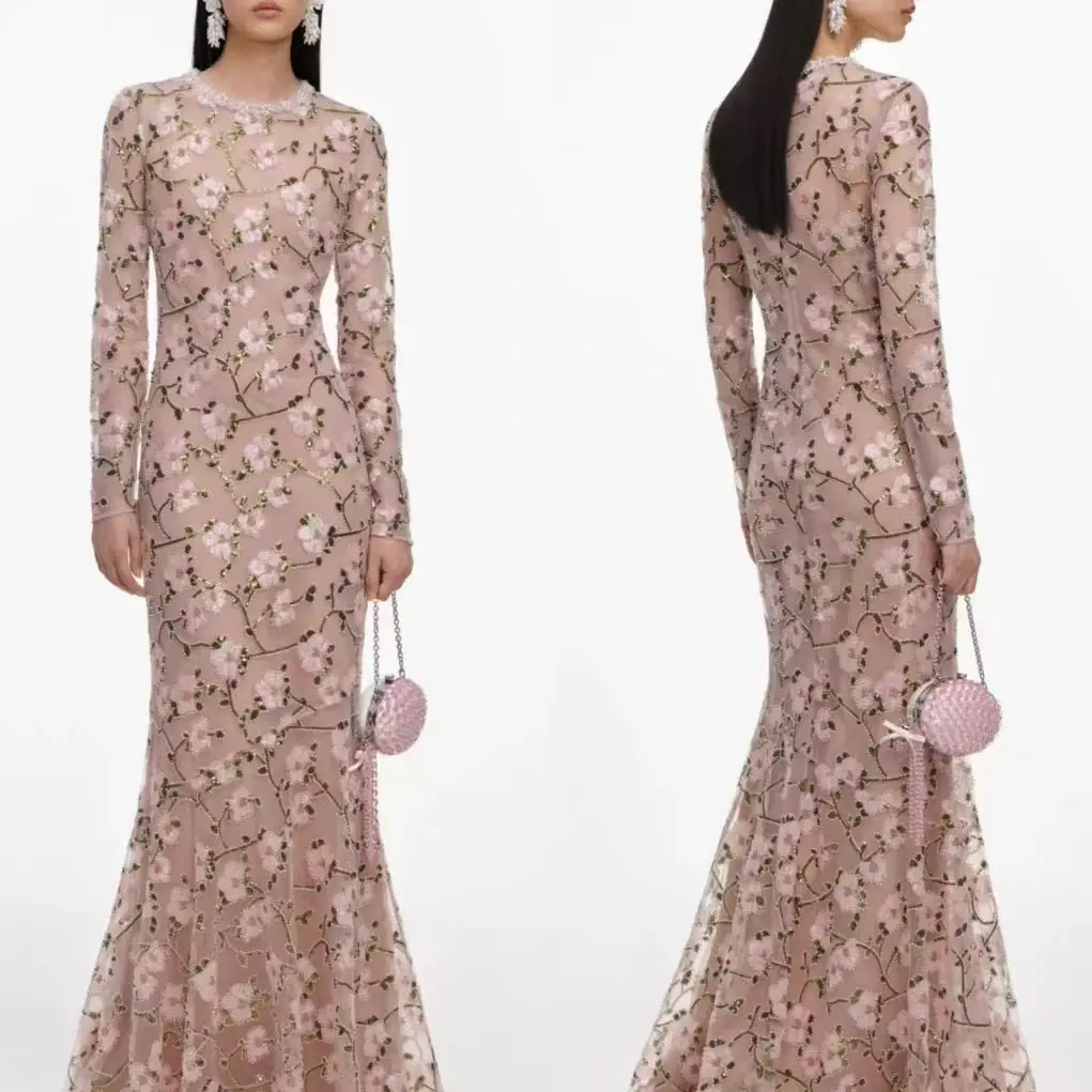 Women Long Sleeve Elegant Mesh Dress Red Pink Floral Embroidery Hand Beaded Sheer Tulle Vacation Evening Dress