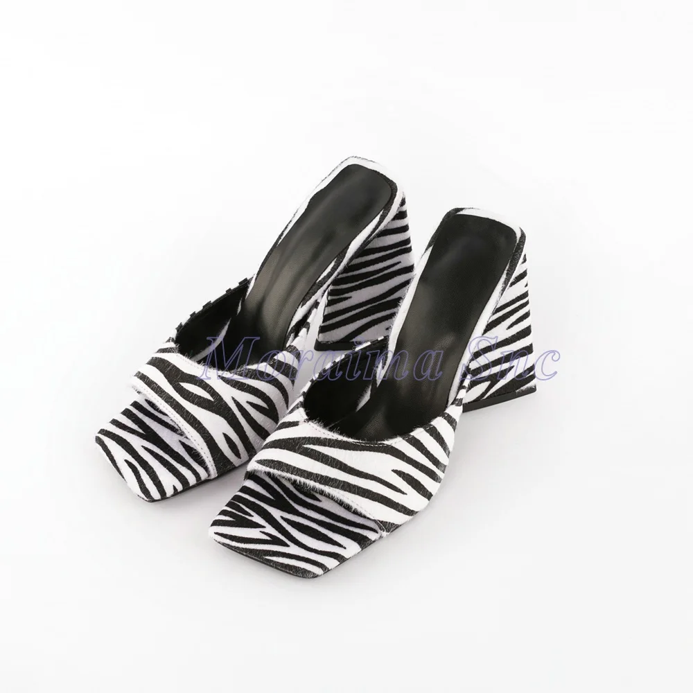 

Zebra Pattern Square Toe Slippers Strange Triangle High Heel Shallow Slip On Sexy Women Summer Slides 2026 New Fashion Shoes