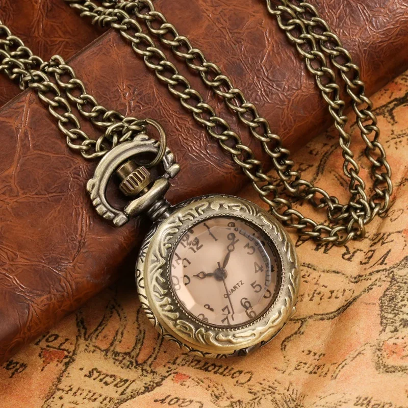 

Vintage Style Mini Size Clock Transparent Cover Men Women Retro Quartz Pocket Watch Arabic Number Display with Necklace Chain
