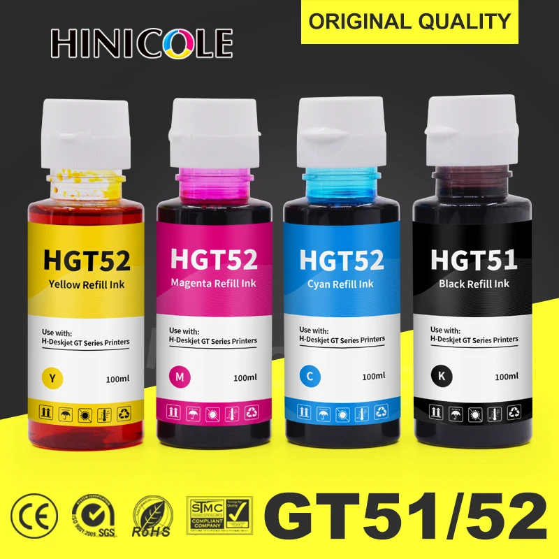 Hinicole 100ML/Bottle Refill Dye Ink Kit For HP GT51 GT52 For HP GT5810 GT5820 GT 5810 GT 5820 For HP GT Series Inkjet Printer