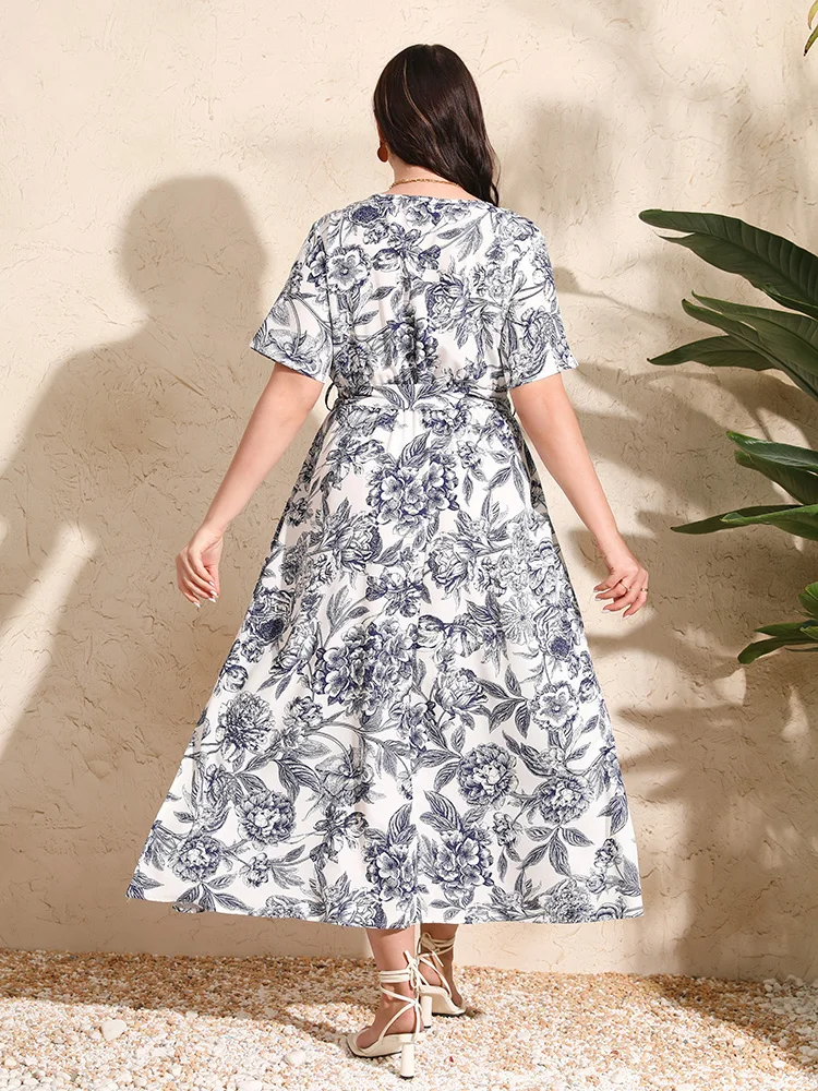 GIBSIE Plus Size Floral Print Belted A-Line Dress Women Summer 2024 V Neck Short Sleeve Vacation Casual Boho Maxi Dresses