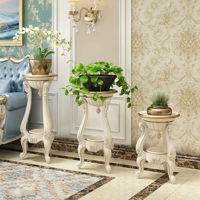 European Indoor Multi-layer Painted Gold Flower Stand, White Floor, Balcony Storage Rack, Elegant Living Room Decor