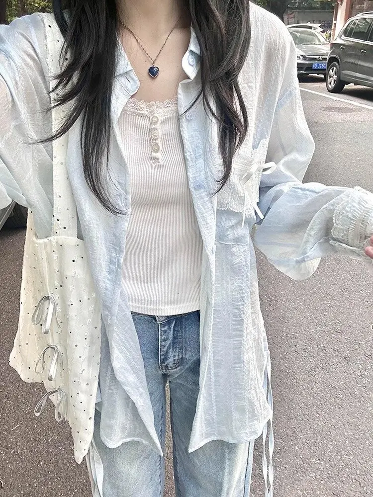 

Korean Design Lace Patchwork Casual Loose Thin Women's Shirt Jacket Summer Anti-Uv Outerwear Collar Long Sleeve