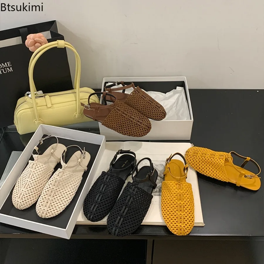 New Fashion Fish Net Weaving Hollow Out Roman Sandals Women's Summer Round Toe Flat Bottom Fishermen Shoes Baotou Half Slippers