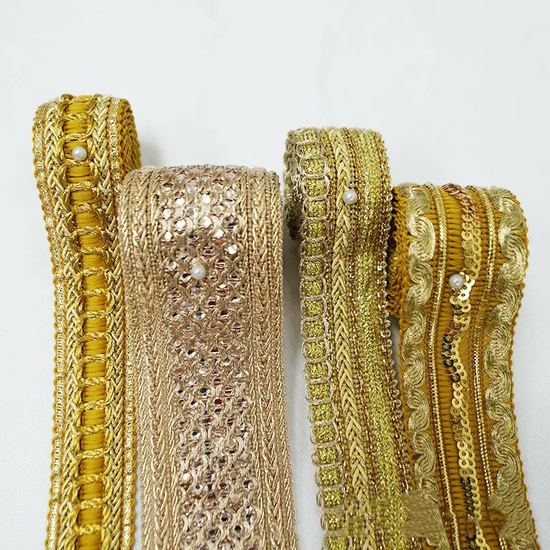 Gold Thread Lace Trim Ribbon Webbing, Ethnic Style Clothing Embroidery, Sequin Fabric, Jacquard Accessories, 1 Yards