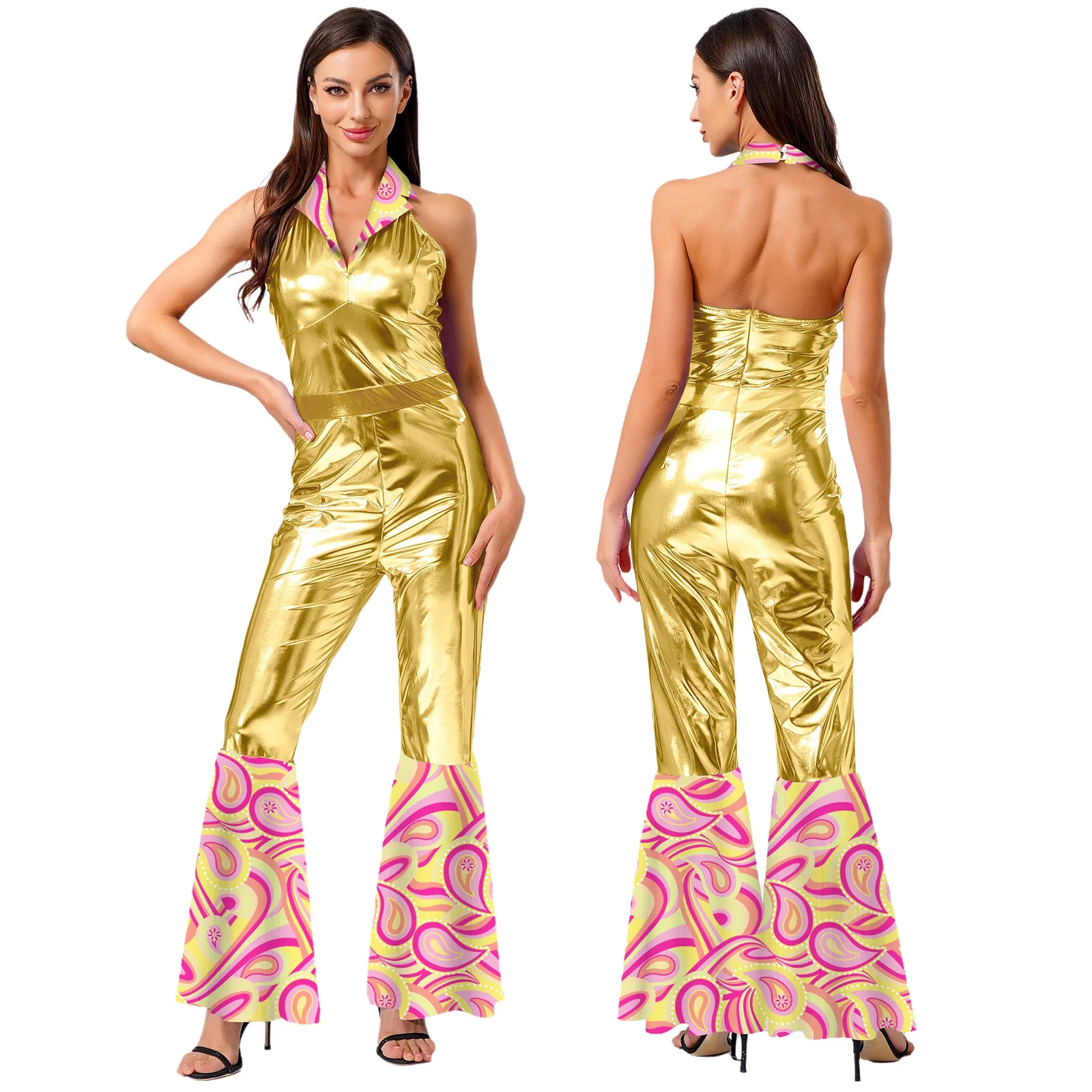 Womens 70s Disco Jumpsuit Vintage Halter Flared Jumpsuit Shinny Patchwork Costume for Themed Party Nightclub Dancing Dress Up