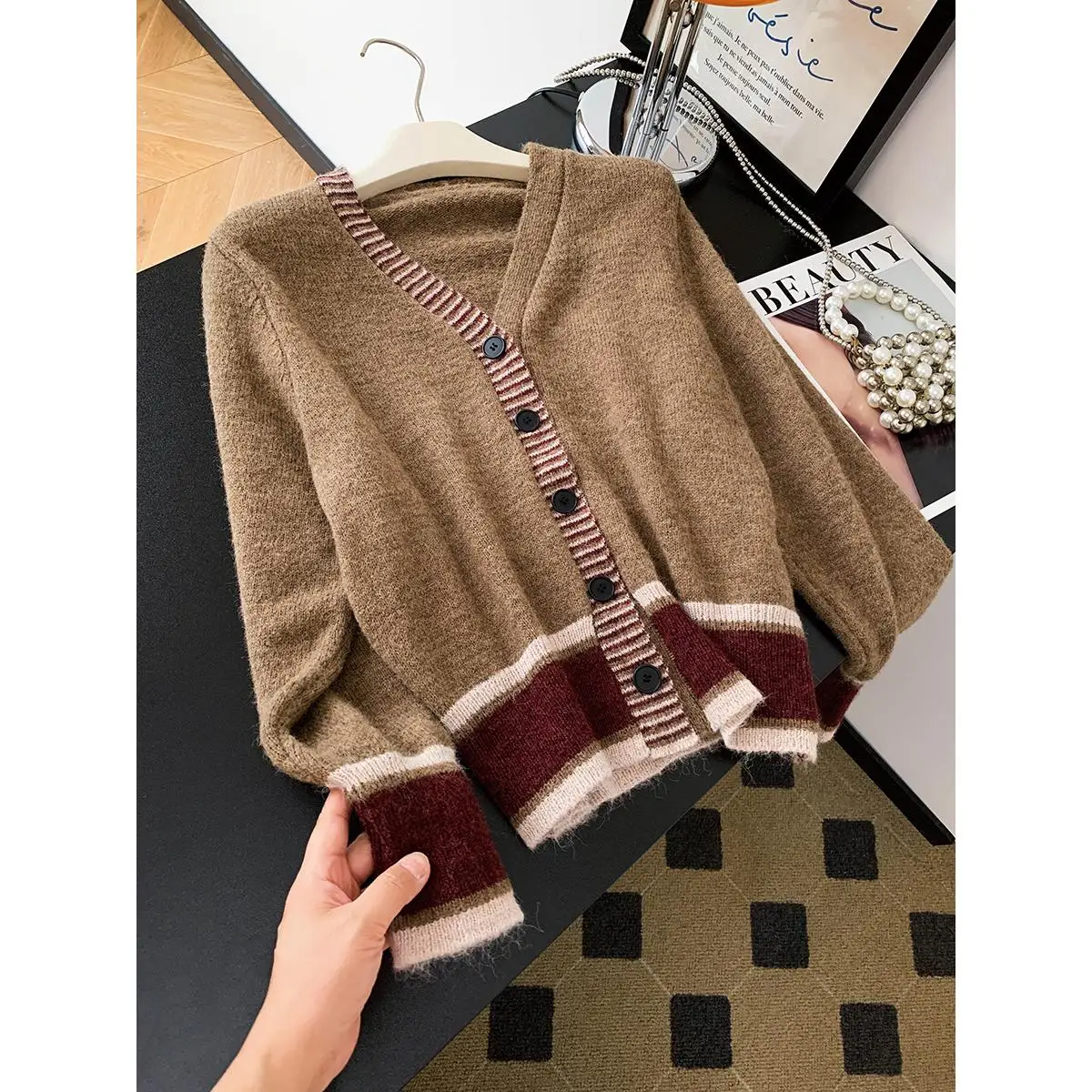 الرجعية الأمريكية الربط اللون بلو مخطط محبوك سترة مفتوحة المرأة سترة 2025 ربيع جديد Sle 00% الصوفية Jaet #1