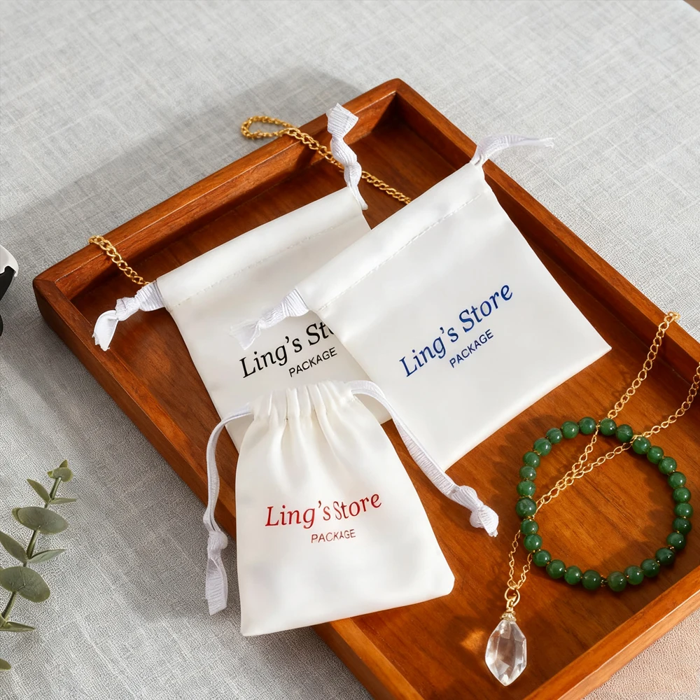 

100pcs Personalized Logo Silk Satin Jewelry Drawstring Gift Bag Wedding Gift Candy Packaging Pouches Necklace Cosmetic Organizer