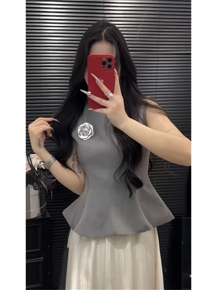 

Retro Chinese Style Women's Grey Vest And Skirt Set Fashionable Spring Outfit Long Pants round Neck Short Sleeve Two-Piece Set