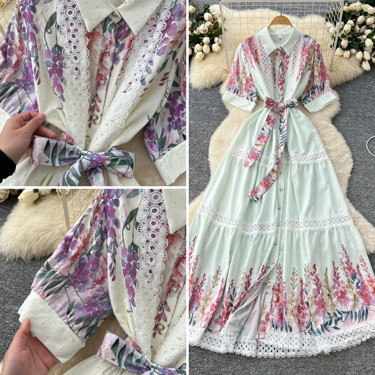 

Long Dress Women Dresses High Waist Vestidos Work Party Night Lace Short Sleeve Turn Down Collar Print Elegant Y2k Streetwear