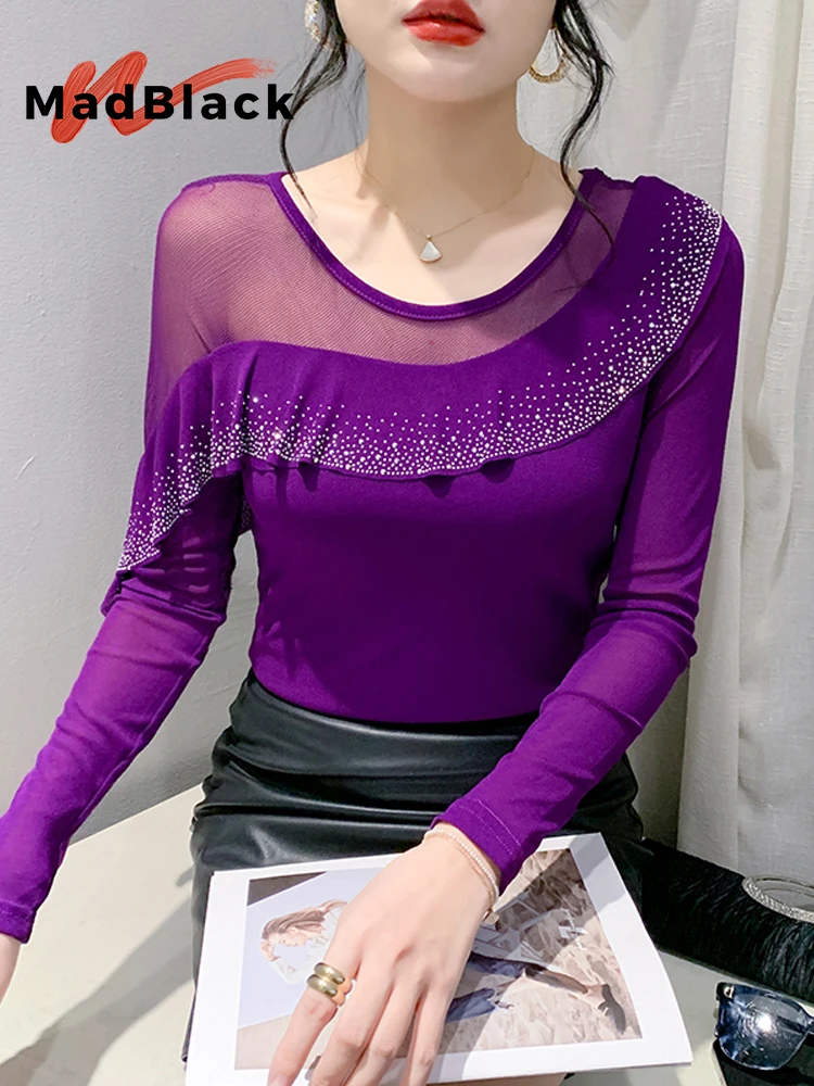 

MadBlack-Women European T-Shirt, Sexy O Neck Diamonds Ruffles Top, Workwear Butterfly Sleeve Slim Mesh Tee, 2025 Spring T51202CC