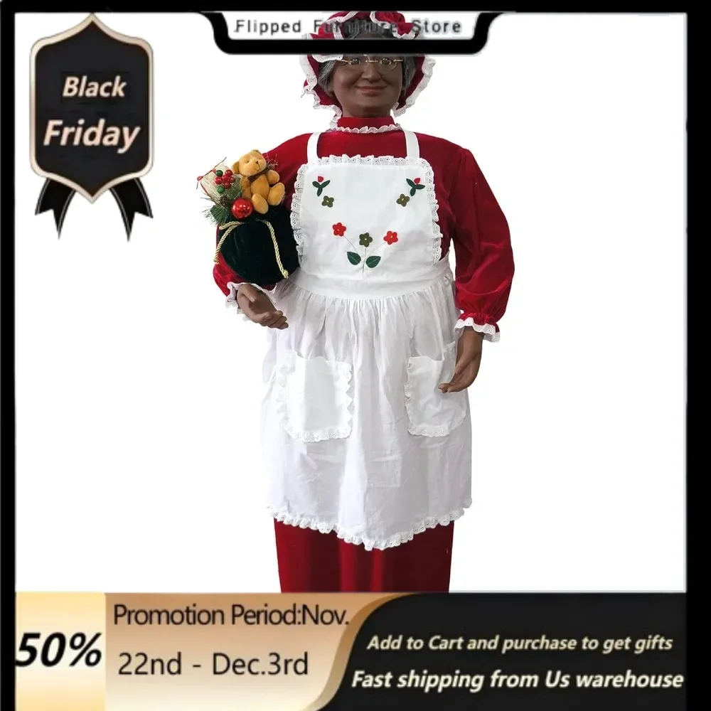 58-in. African American Dancing Mrs. Claus with Apron and Gift Sack,Indoor Animated Motion-Activated Christmas Animatronic.