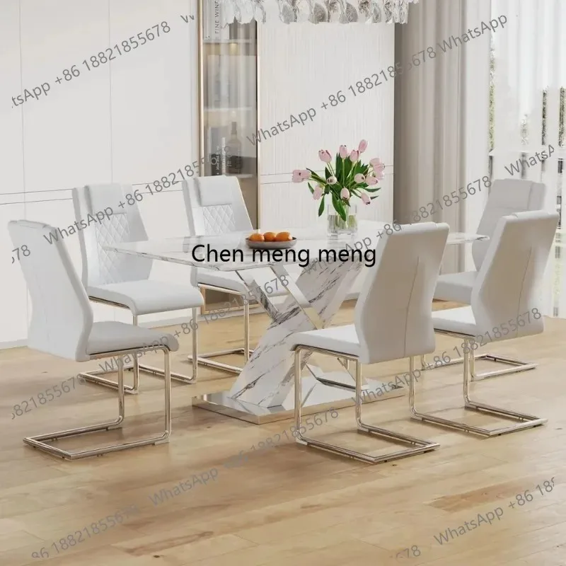 K153  K153  Marble Dining Table Set for 6,63 in White Rectangular Table with Sliver Metal X-Shaped Frame and 6 White Leather Cus