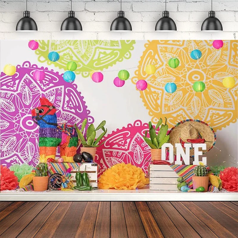 Mexican Fiesta Photography Backdrop Colorful Floral Cactus Child 1st Birthday Party Decor Poster Background Banner