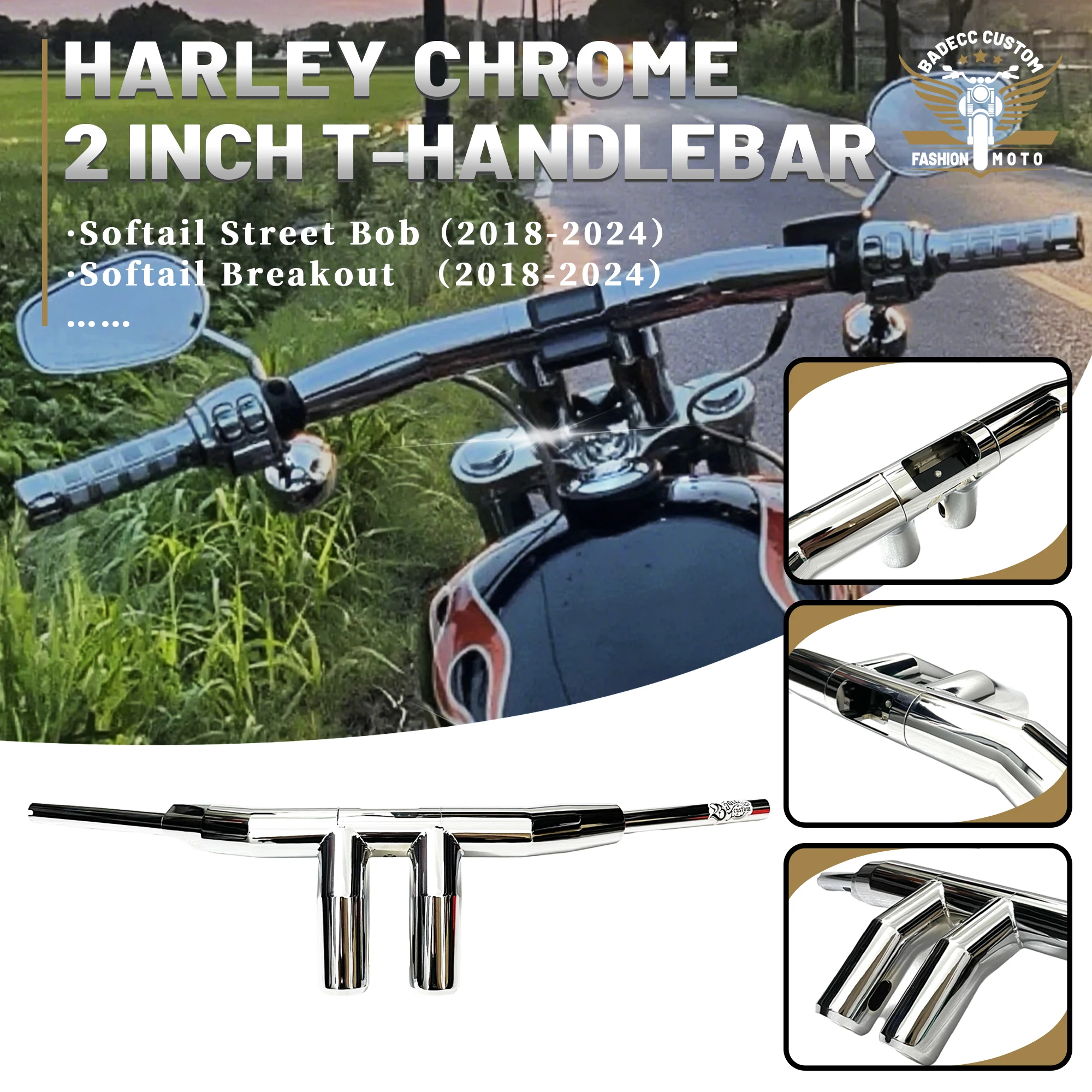

Motorcycle handlebars 2-inch T handlebars for Harley Street bob Breakout 2018-2024 Custom Chrome handlebars