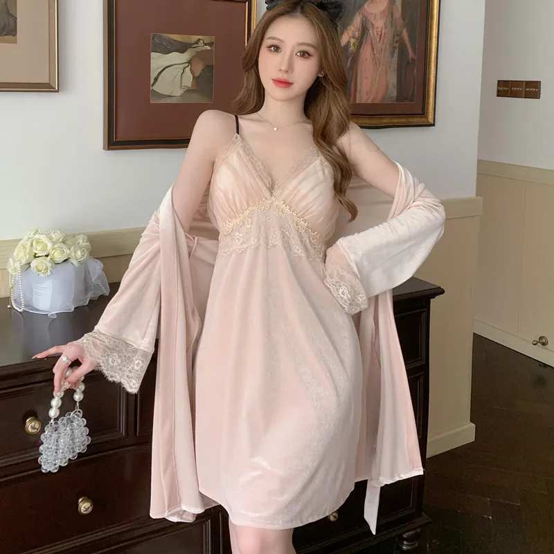 

Female Velour Robe Set Sexy Lace Split Nightgown Intimate Lingerie Autumn Winter Lace Bathrobe Nightdress Loose Homewear