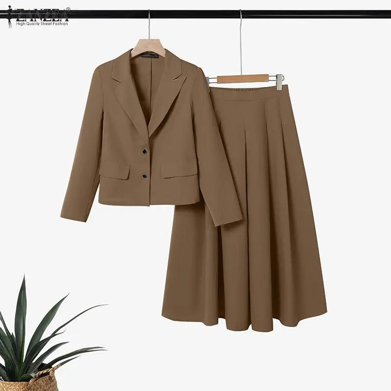 ZANZEA Elegant OL Women's Skirt Suits Long Sleeve Blazer Jackets & A-Line Pleated Skirts 2 Pieces Sets Outfits Woman Sets S-3XL image 2