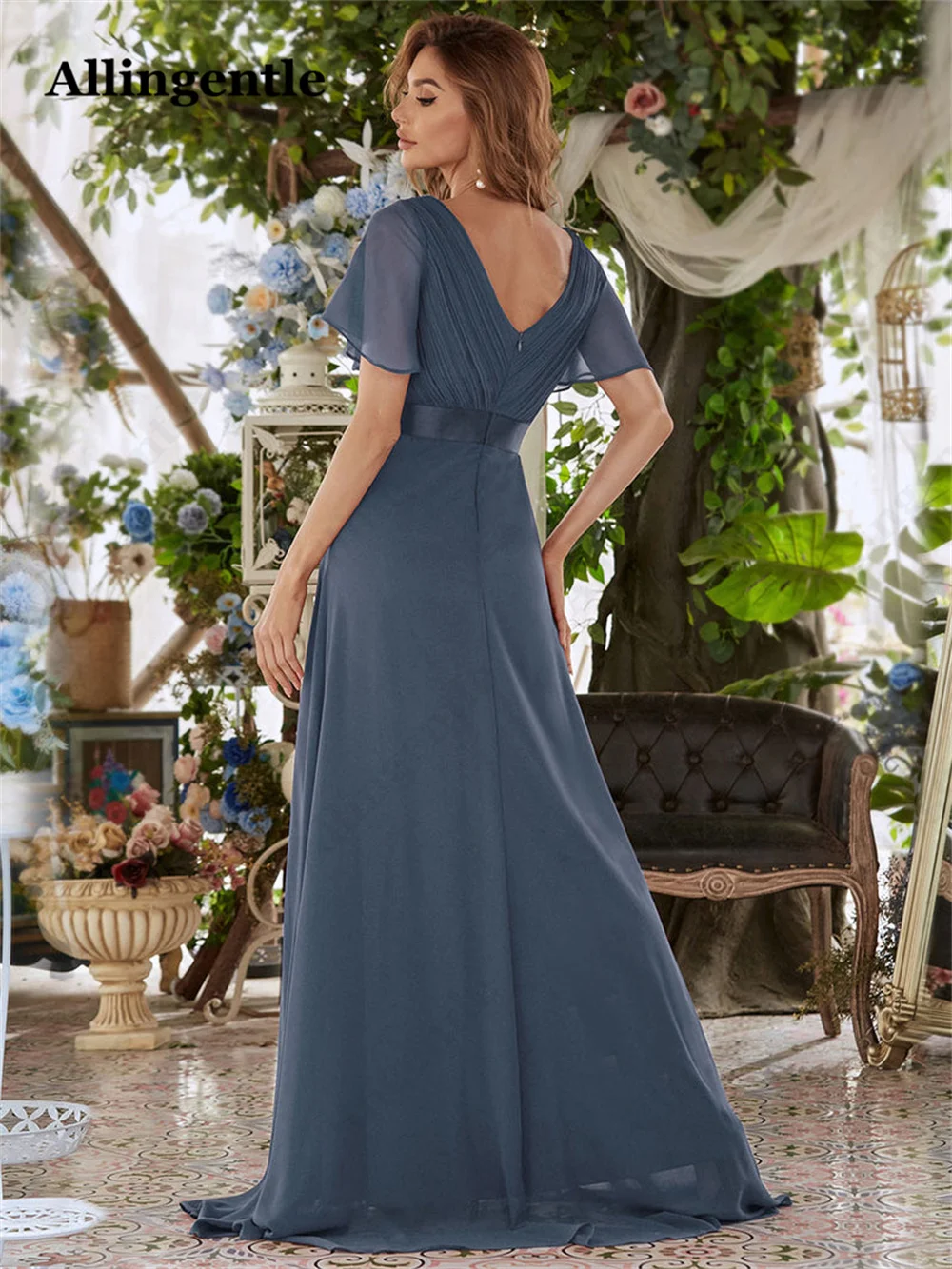 Allingentle-Elegante vestido de chiffon linha A feminino, manga curta, decote em v, até o chão, simples vestidos de dama de honra, personalizado, 2023