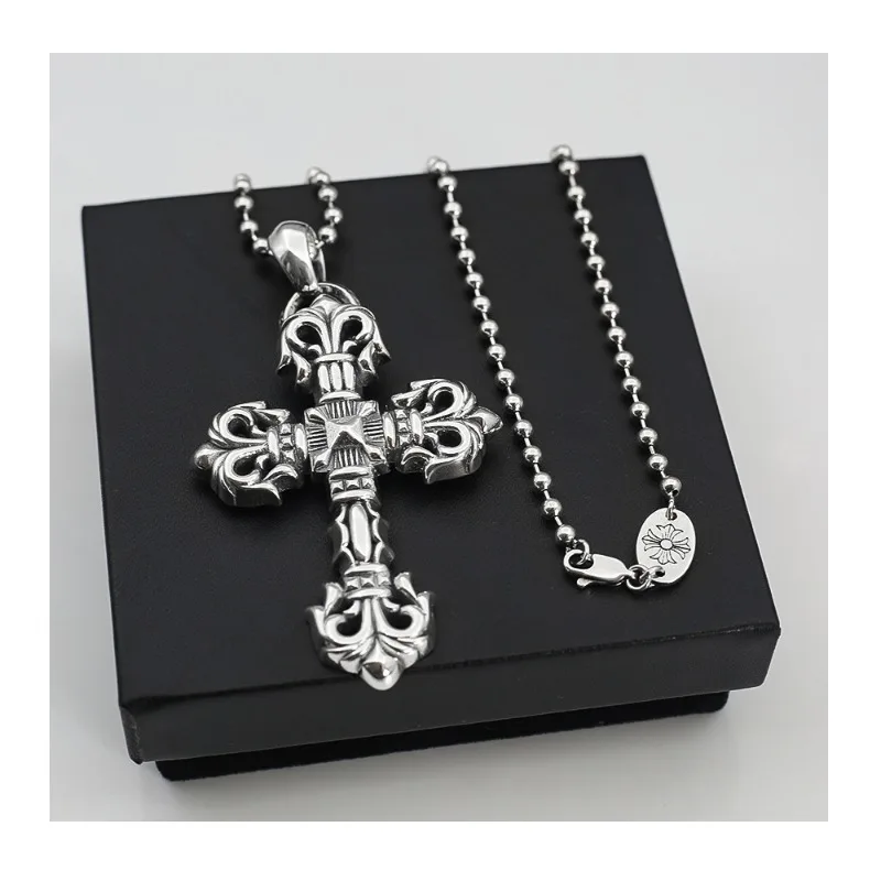 

Chaoxuan Luo Xin Punk Vintage Style Old Thai Silver Big Flame Vine Cross Pendant Letter Bead Necklace