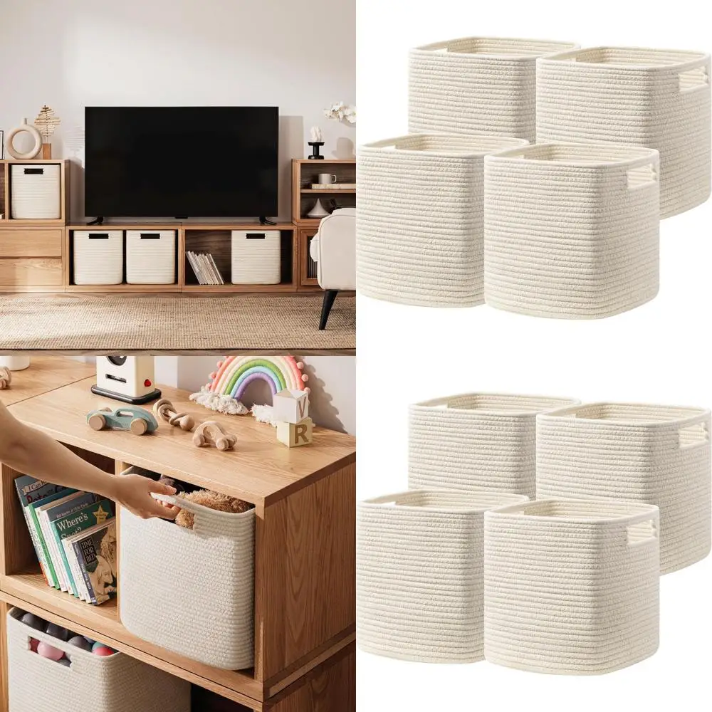 

Cotton Rope Storage Cubes, 13 x 13 x 13, Beige, with Handles for Shelves, Toys, Books, and Organizing