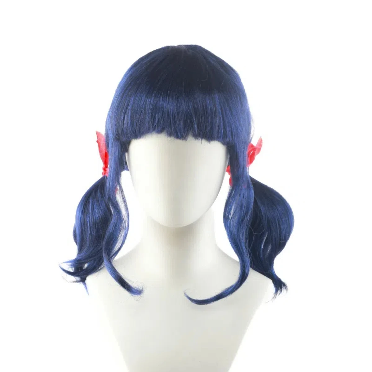 Navy Blue Curly Twin Ponytail Synthetic Wig with Red Bows,Straight Bangs Ladybug Heroine Style for Anime Cosplay Halloween Theme