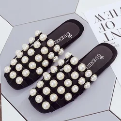 Comemore Fashion Summer Beach Sandals Shoes Pearl Sandals Belt Roman Flat Women Flip Flops Casual Flat Slippers Women Sandalias