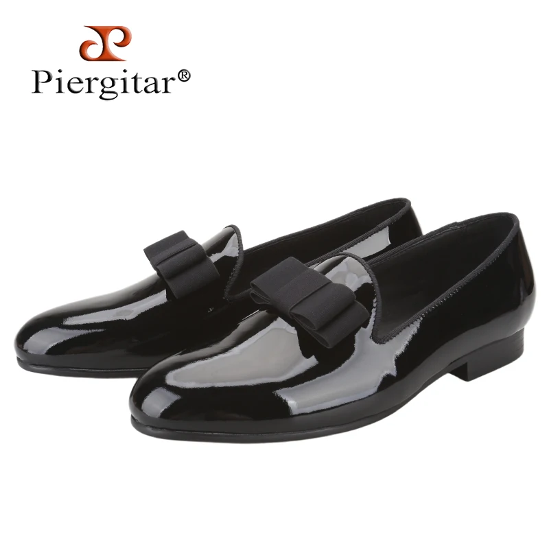 Piergitar Black Patent Leather Men Handmade Loafers With Matching Colors Bowtie Fashion Banquet Men's Dress Shoes Plus Size