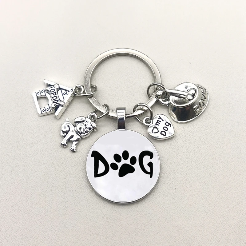 Cute Pet Dog Keychain Paw Dog Glass Cabochon KeyRing Top Dog House Charms Keychains I Love My Dog Pendant Keychain Gifts