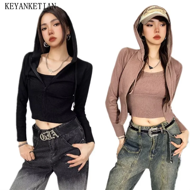 

KEYANKETIAN New Launch Women's Sporty Leisure Knit Two Pieces Sets Solid Zipper Sweater Cardigans Hoodies Camis Tank Suit Top