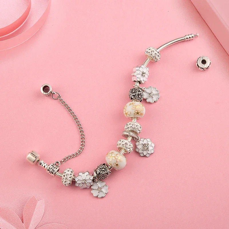 White Enamel Flower Leaf Pendant Charms Bracelets Silver Color Diy Bead Casual Bracelet Jewelry Gift