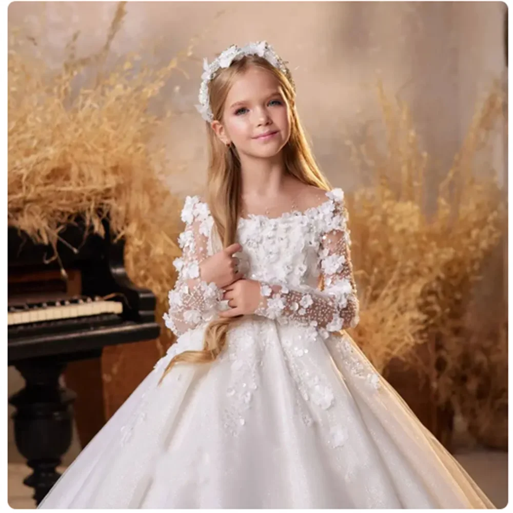 Luxo 3D White Flower Girl Dress, elegante vestido de princesa para crianças, festa de aniversário para casamento, primeira comunhão