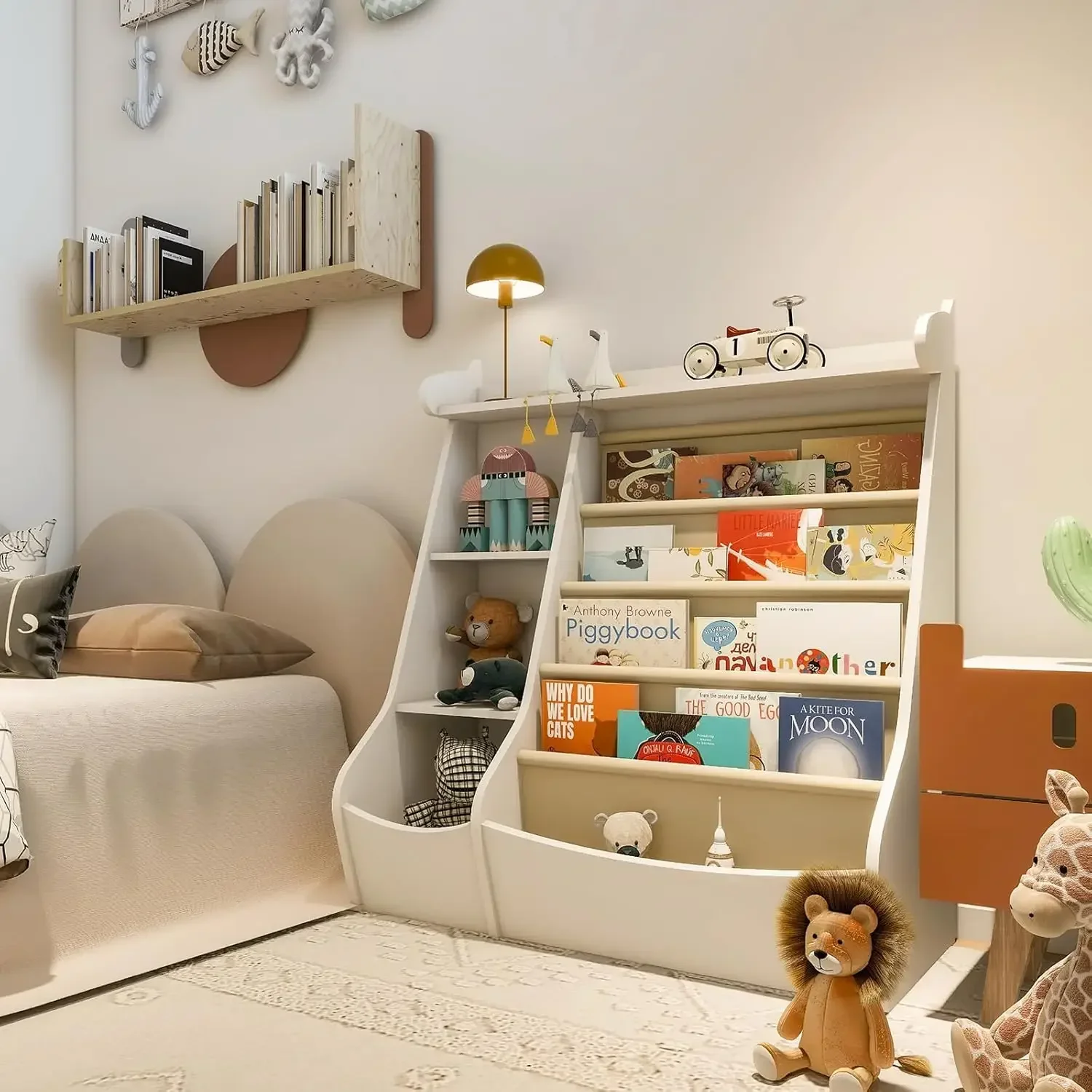 Bibliothèque à 4 niveaux pour enfants, étagère pour tout-petits à 4 élingues, présentoirs, livre en bois T1, stockage de jouets pour bébé, armoire d'évaluation, sol Ch