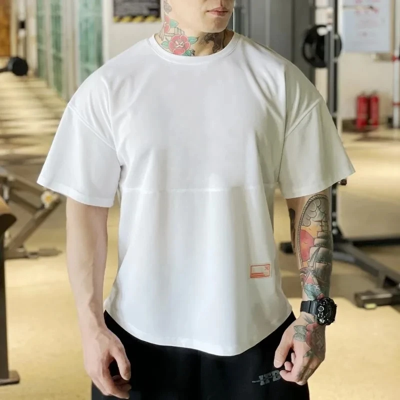 New Loose Hip Hop Large Size Brand Gyms Sports Pure Color T Shirt Men Short Sleeve Running Workout Training Tees Fitness Tops