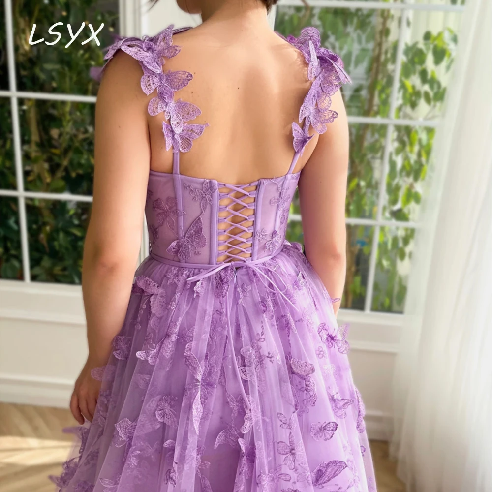 LSYX Spaghetti Straps Flower Evening Gown For women 2023 Lace Appliques Split A Line Backless Simple Prom Dress Robes De Soiree