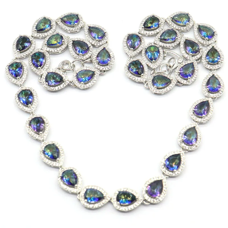 12x10mm SheCrown Big Heavy 36g Fire Rainbow Mystic Topaz Violet Tanzanite Kunzite Women Dating Silver Necklace 17-18.5nch
