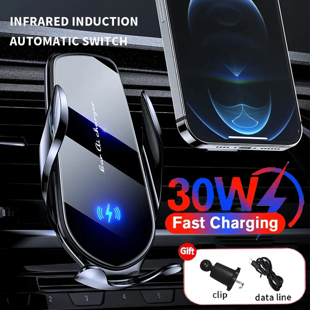 30W Fast Charging Station Wireless Charger Automatic Car Phone Holder Infrared Induction for iPhone 15 14 13 12 Xiaomi Samsung