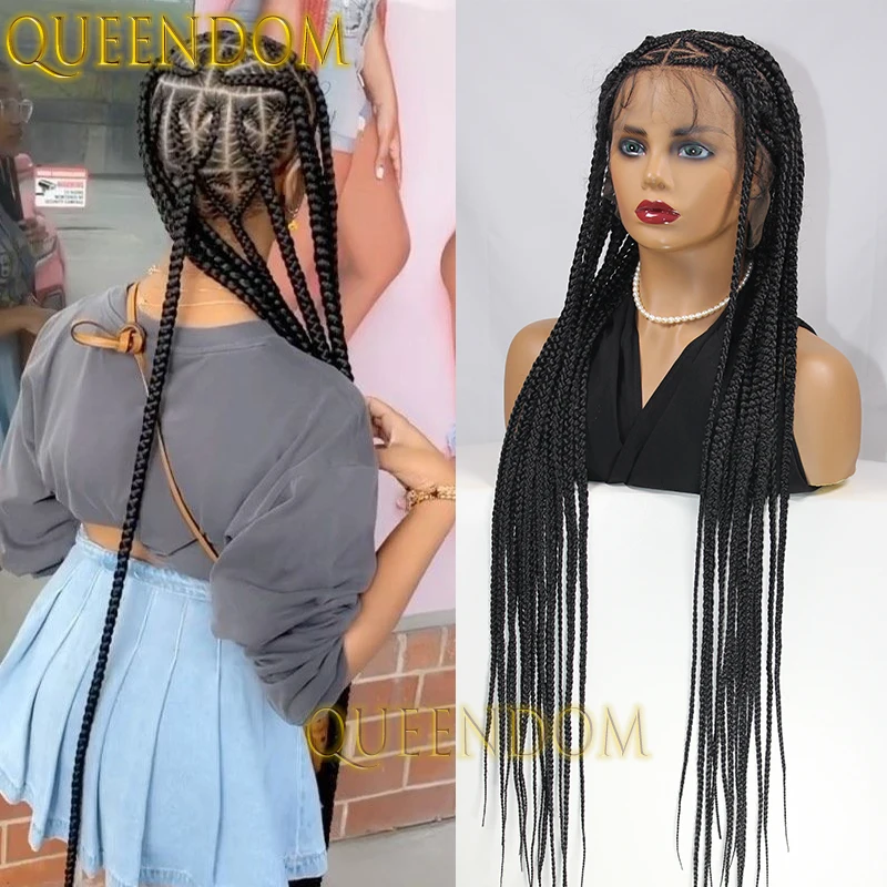 36 Inch Synthetic Box Braids Wig Knotless Jumbo Cornrow Plaits Braided Black Women Wig 36 Inch Distressed Heart Shape Braid Wig