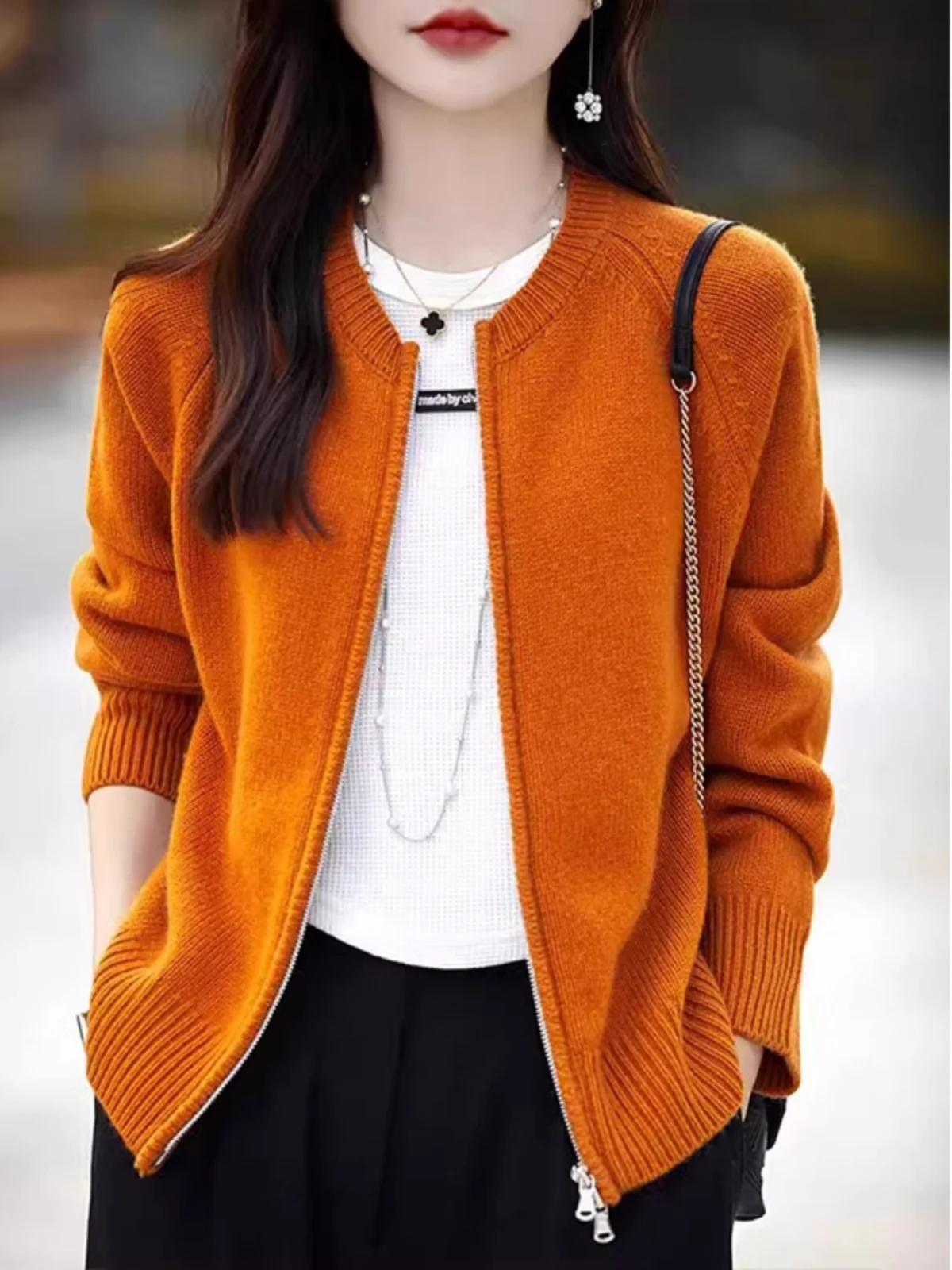 Jaqueta de Suéter Tricotada com Zíper Vermelho para Mulheres, Moda Simples, Cardigan Slimming, Casaco de Inverno com Corte Re...