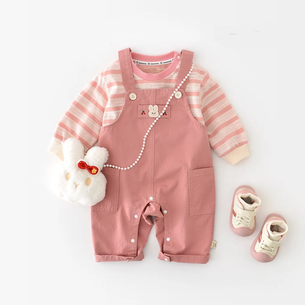 

Милый розовый комплект одежды для девочек: полосатая футболка с длинным рукавом и комбинезон, двухсоставный костюм для детской одежды