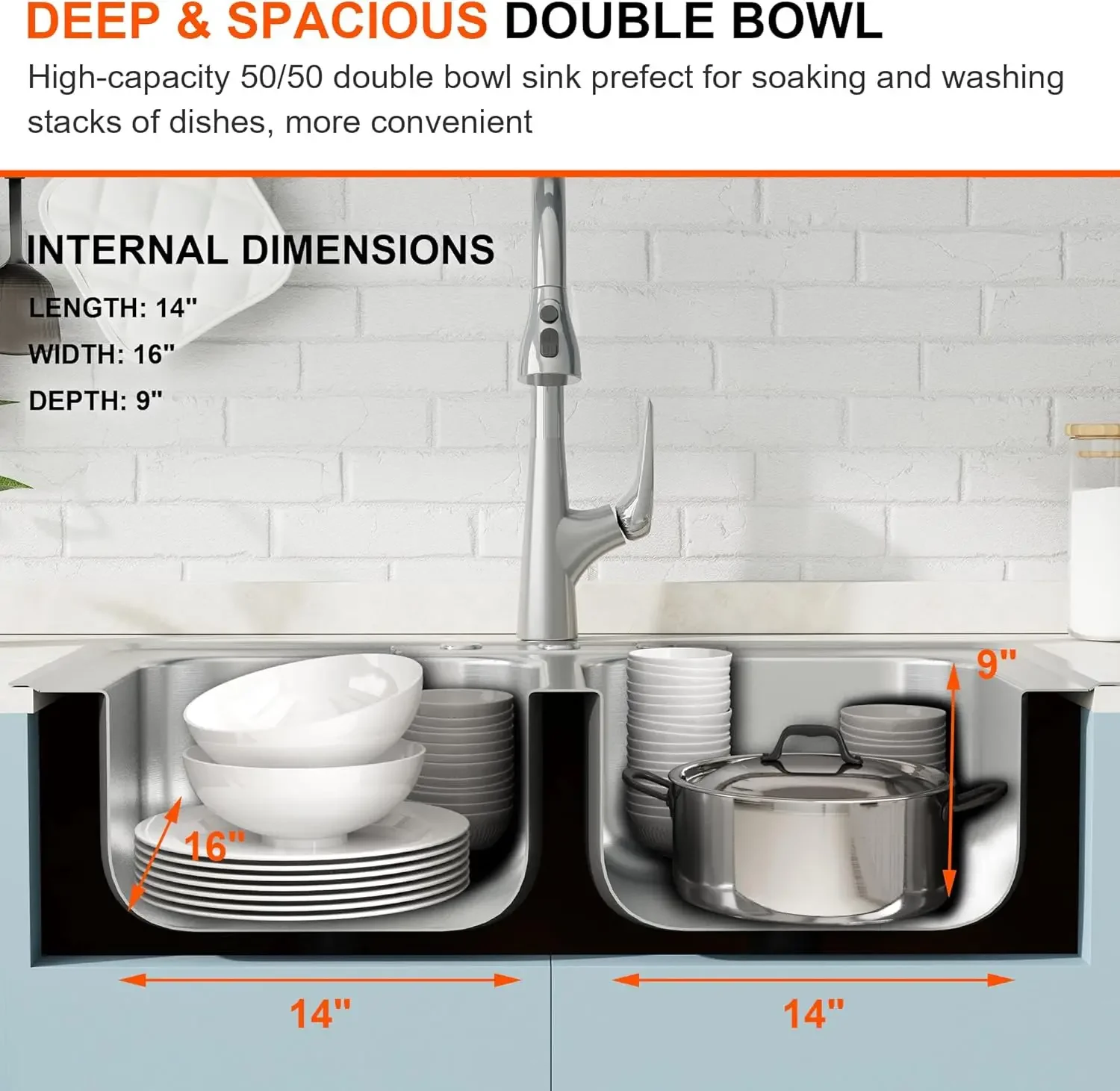 33 Inch Double Bowl Kitchen Sink Topmount 50/50 Drop In 18 Gauge 304 Stainless Steel Sinks with Basket Strainer 33” x 22” x 9”