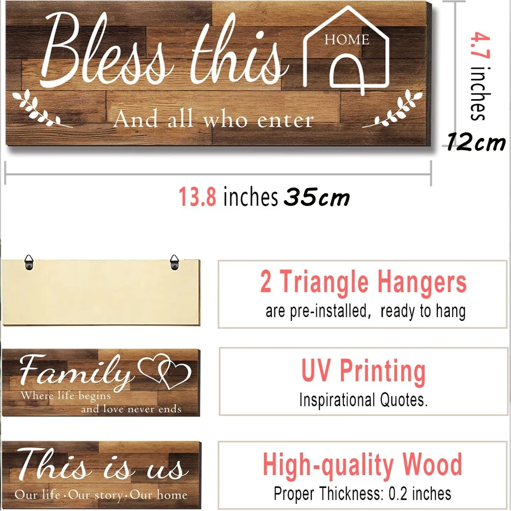 4Pcs Home Wall Signs THIS IS US/TOGETHER/BLESS THIS HOME/FAMILY Wall Decor For Living Room Bedroom, Rustic Wooden Farmhouse Wall