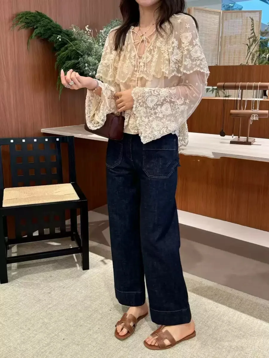 

Elegant Lace Embroidery Mesh Top Double Layer Semi-Transparent Cowl Neck Shirt with Belt Spring 2026 Women's Business Casual ...