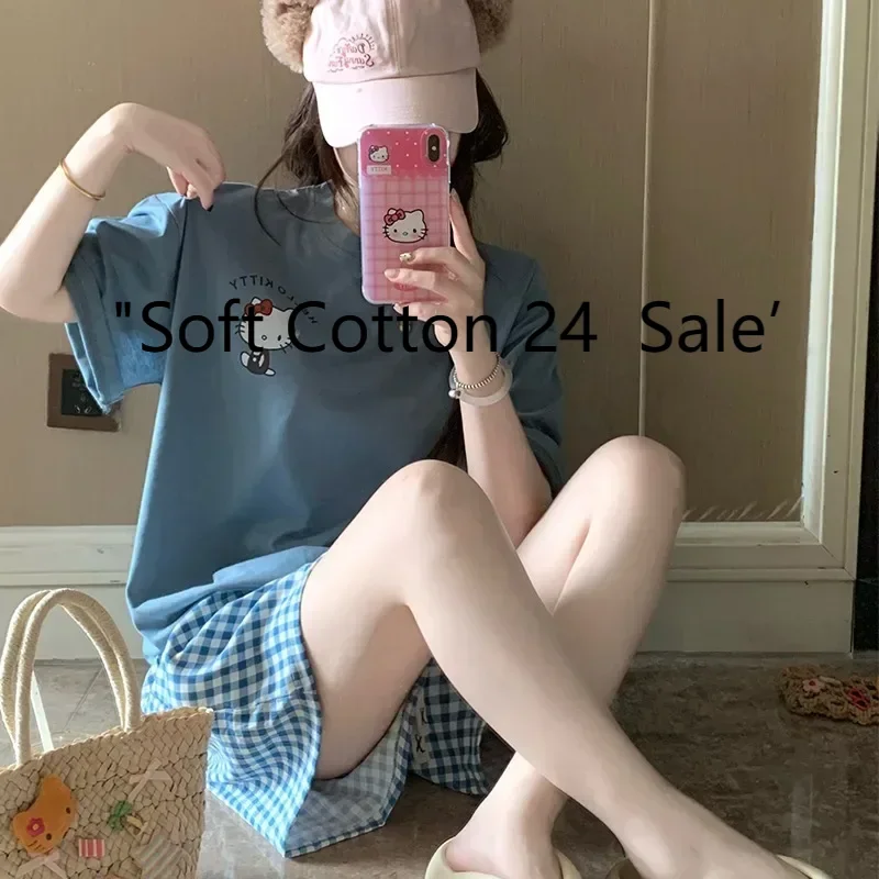 

Новые летние синие пижамы с круглым вырезом из чистого хлопка с милым рисунком Hello Kitty, шорты с короткими рукавами, которые можно носить из домашней одежды