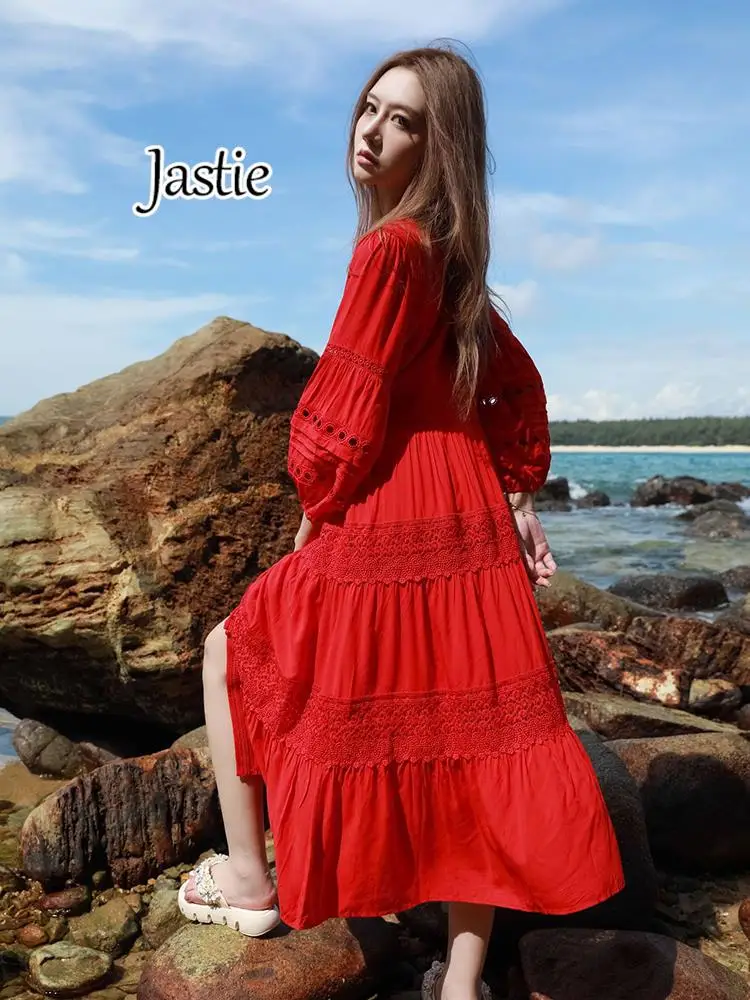 Jastie Seaside V-neck Long Sleeve Dress 2024 Retro Patchwork Embroidered Women's Dresses Summer Beach Casual Vacation Long Dress