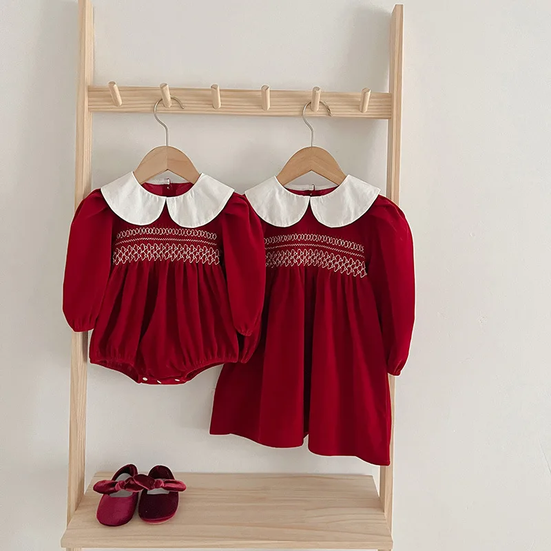 2024Girls' Spring and Autumn Doll Collar Red Baby Rompers Triangle Rompers Sisters Outfit Dress