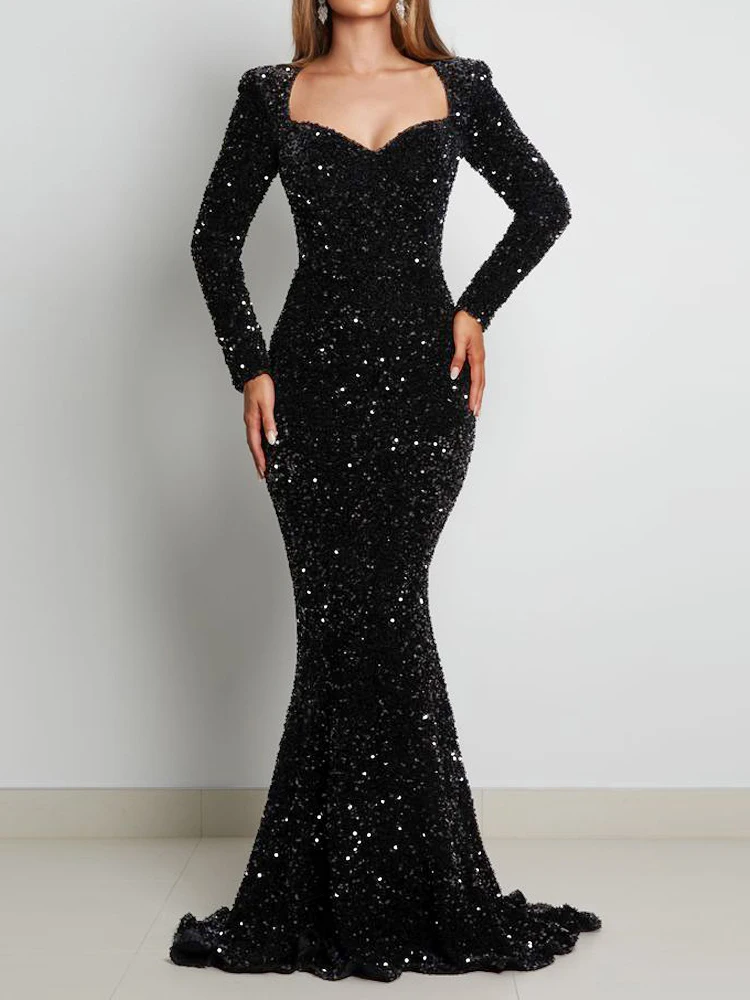 V Neck Long Sleeve Formal Sequin Maxi Dress Floor Length Grey Mermaid Evening Night Party Dress Black Burgundy Grey